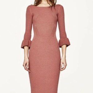 BNWT Zara long-sleeve Dusty Pink ribbed midi dress with flared cuffs